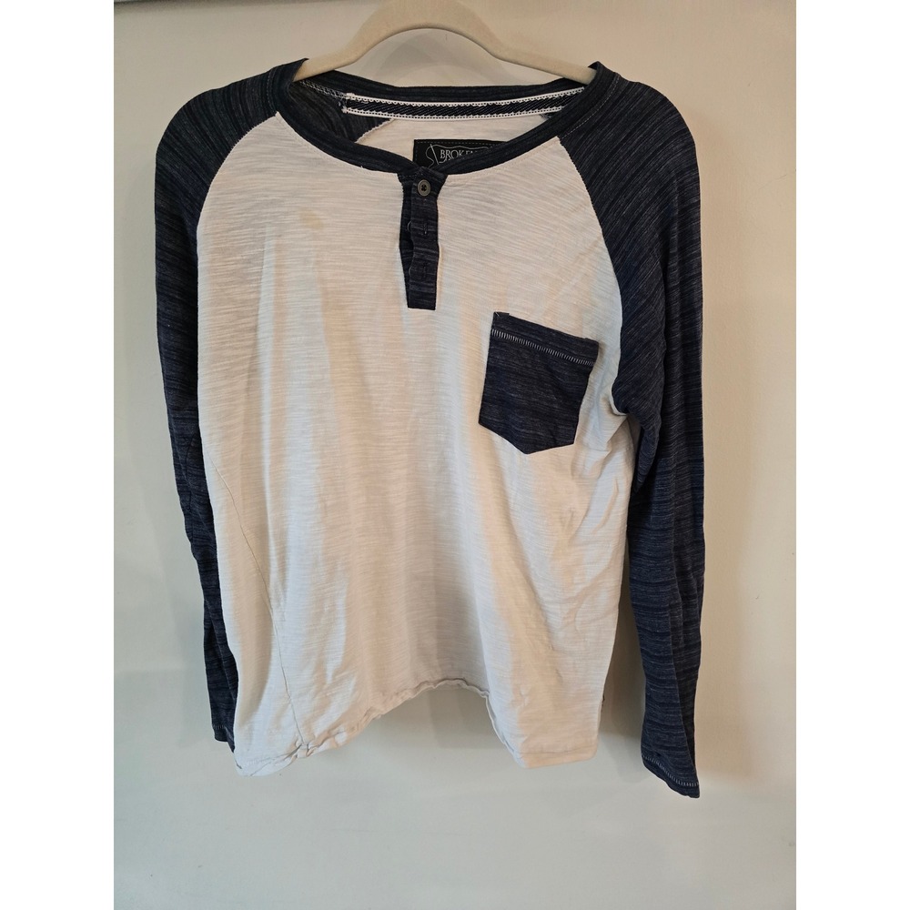 Broken Threads Mens Navy Blue White Slub Raglan Henley Long Sleeve Shirt Small